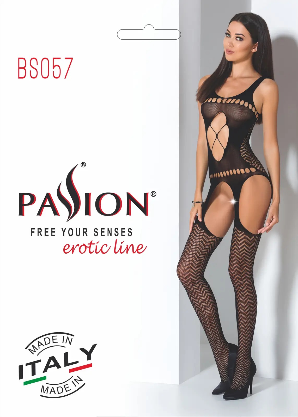 Бодістокінг BS057 black Passion, з імітацією панчіх, з відкритим доступом, S/L