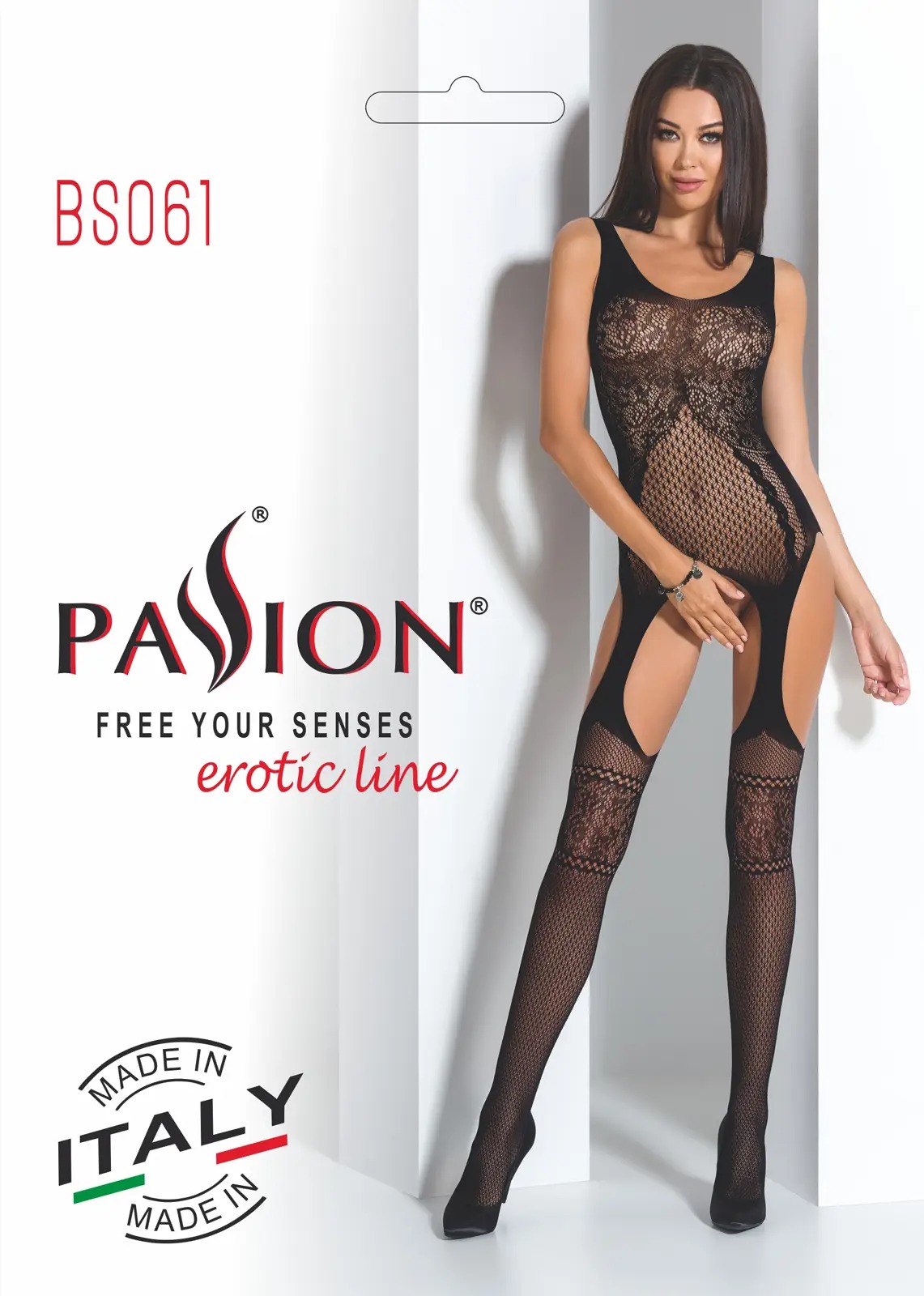 Бодистокинг BS061 black Passion, с имитацией чулок и открытым доступом, черный, S/L