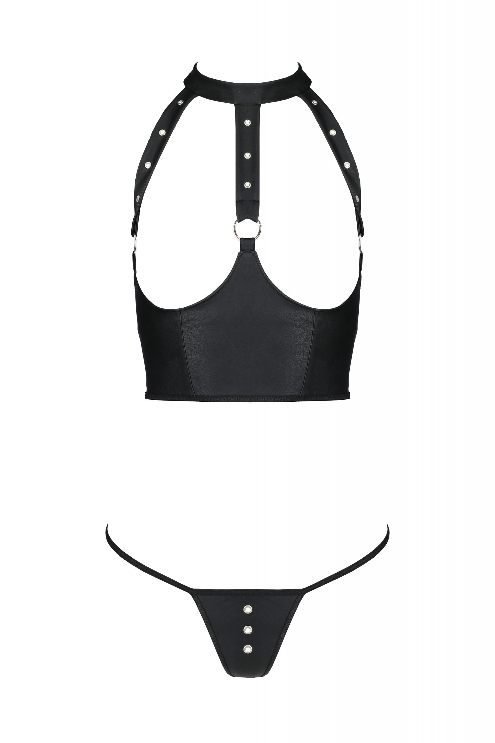 Комплект з еко-шкіри з відкритими грудьми S/M black GENEVIA SET WITH OPEN BRA- Passion