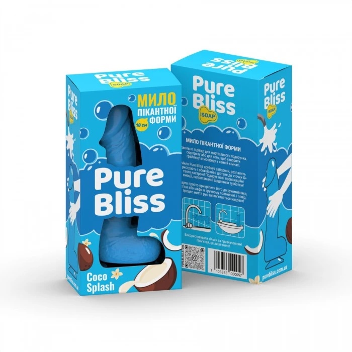 Мило у формі пеніса Pure Bliss Coco Splash з ароматом кокоса, блакитне, 18 см