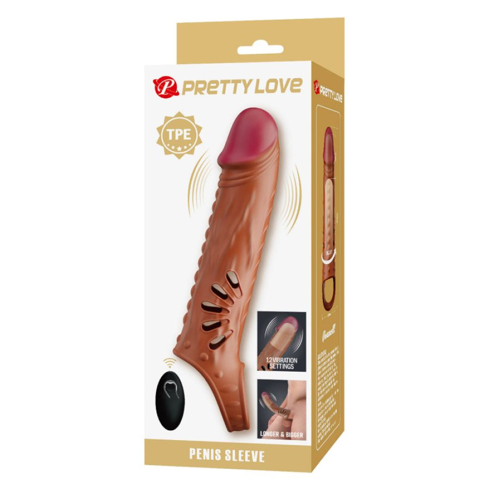 Вибронасадка на пенис Pretty Love удлиняющая, с пультом, бежевая, 24.3 х 4.6 см