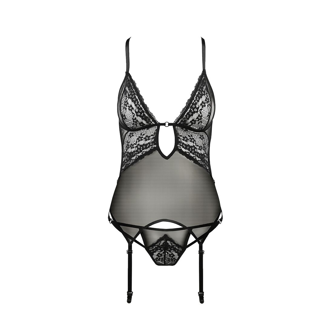 Корсет с декольте Passion ERZA CORSET XXL/XXXL, black, пажи, трусики, полупрозрачный