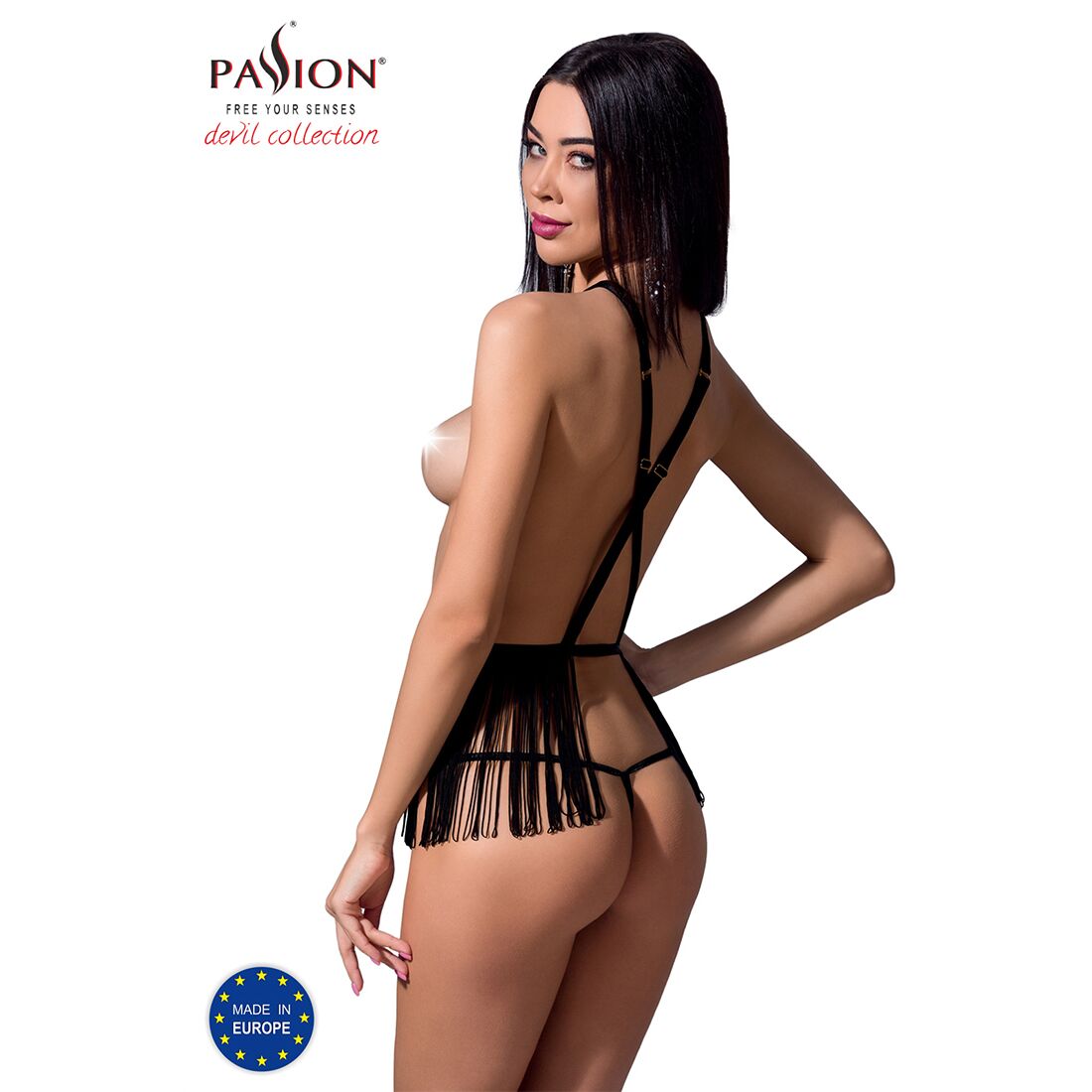 Комплект белья Passion Exclusive INDRA SET OpenBra S/M, black, стринги, портупея с бахромой