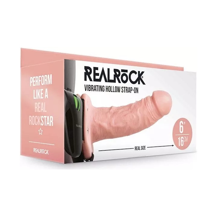 Страпон порожнистий з вібрацією REALROCK, з пультом, бежевий, 16 × 4.6 см