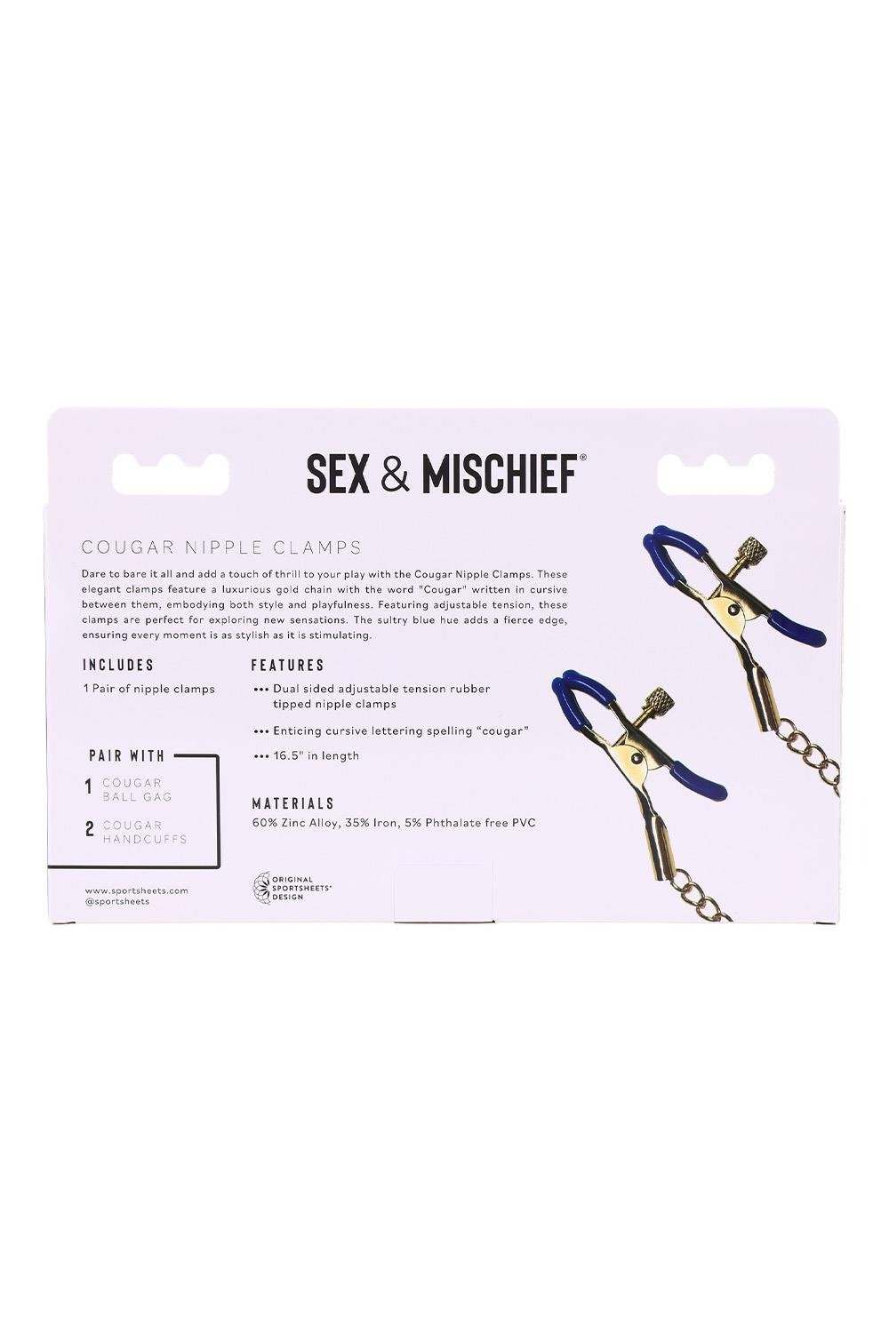 Затискачі для сосків Sex & Mischief на золотому ланцюжку зі словом «Cougar»
