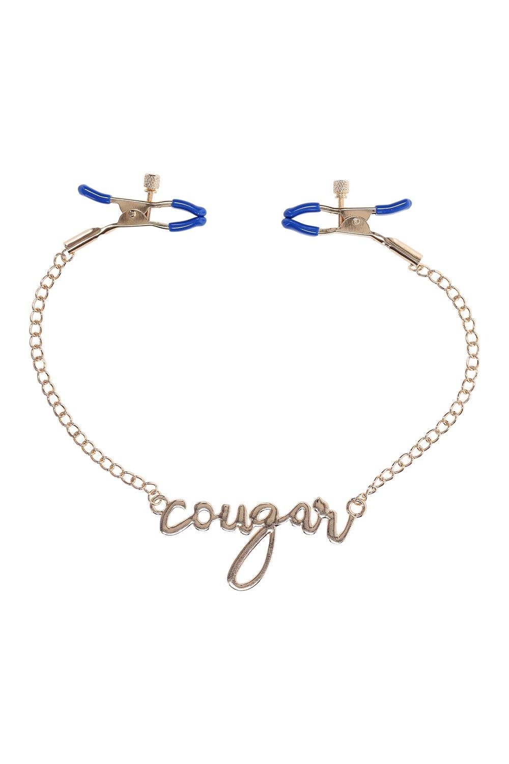 Затискачі для сосків Sex & Mischief на золотому ланцюжку зі словом «Cougar»
