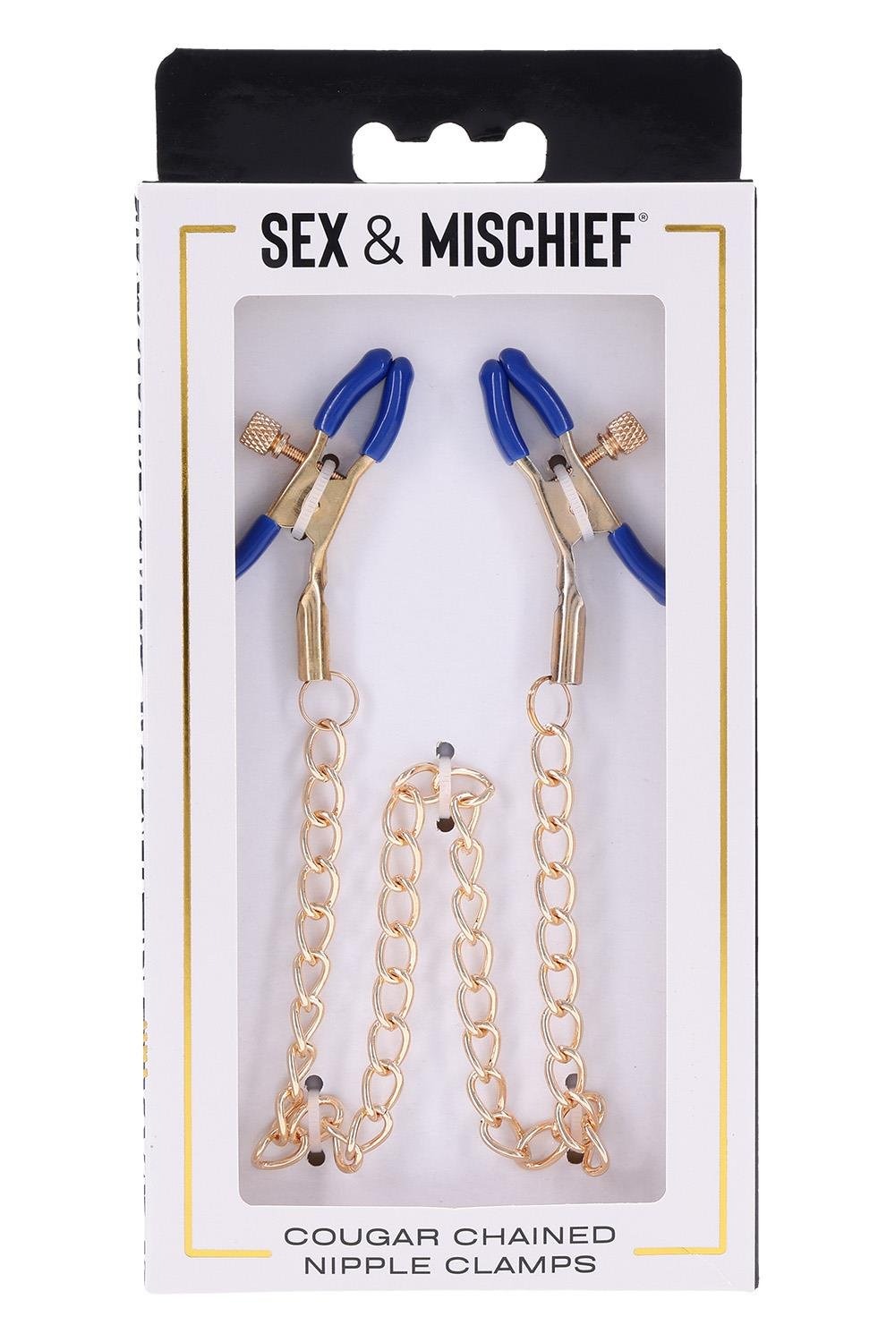 Золотисті затискачі для сосків Sex & Mischief Cougar Chained із синіми наконечниками