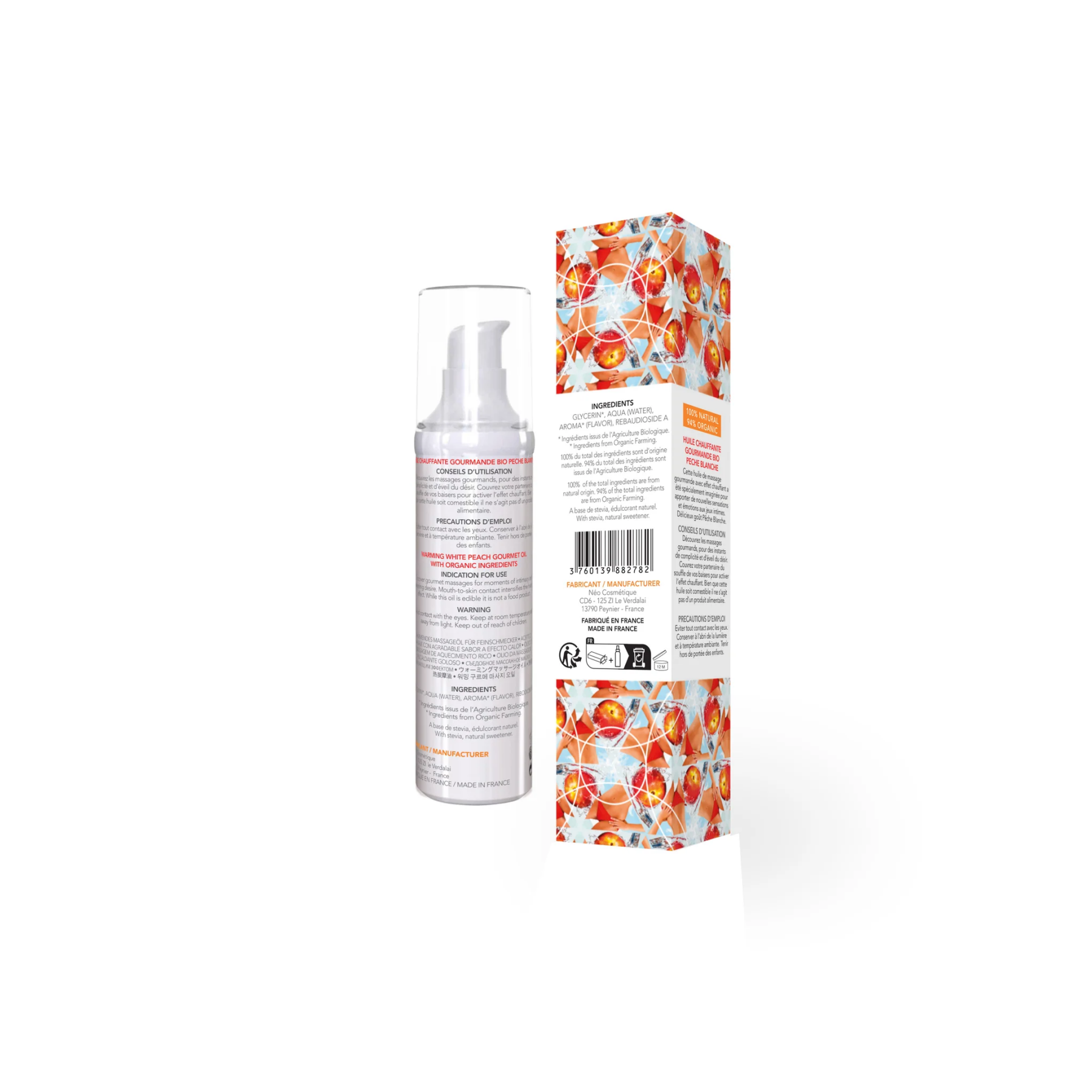 Массажное масло EXSENS Organic White Peach 50 мл разогревающее, без сахара, без парабенов, съедобное