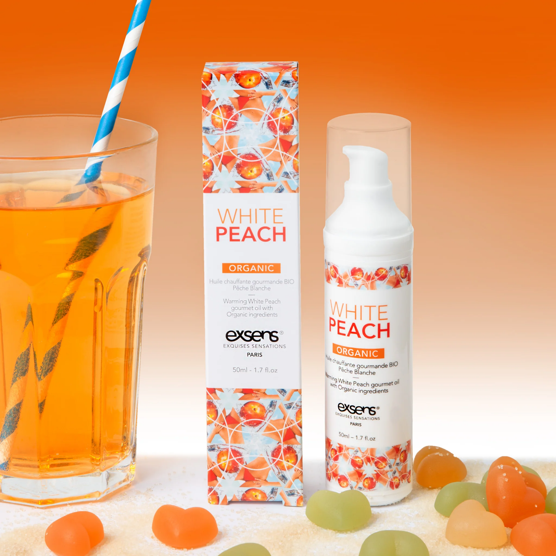 Массажное масло EXSENS Organic White Peach 50 мл разогревающее, без сахара, без парабенов, съедобное