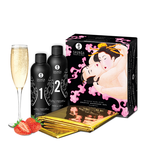 Гель для NURU-массажа Shunga Oriental Body-to-Body – Sparkling Strawberry Wine плюс простыня