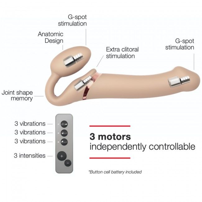 Безремневой страпон с вибрацией Strap-On-Me Vibrating Flesh L, диаметр 4,2 см, пульт ДУ, регулируемый