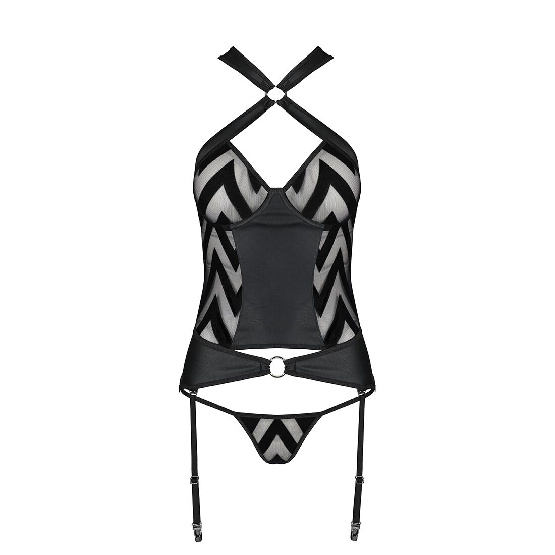 Сетчатый комплект с узором Passion HIMA CORSET L/XL, black, корсет с халтером, подвязки, трусики