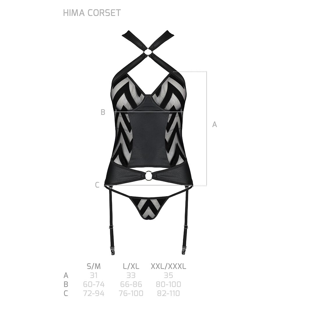 Сетчатый комплект с узором, корсет с халтером, подвязки, трусики Passion HIMA CORSET S/M, black