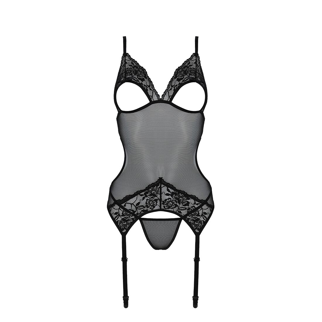 Корсет із підв’язками та ажурним ліфом Passion CHRISTA CORSET L/XL, black, стрінги в комплекті