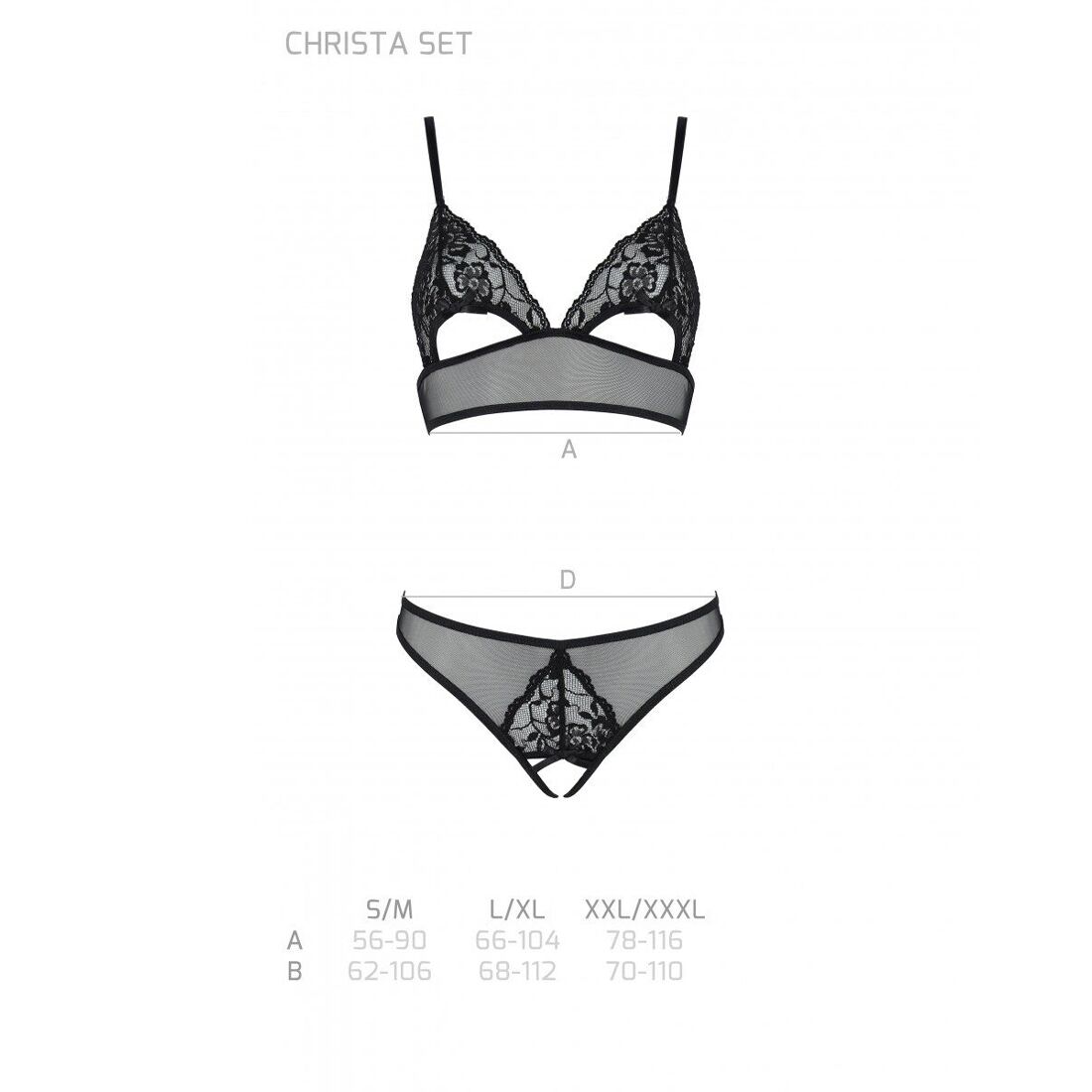 Комплект із бралету з ажурним ліфом та відкритими трусиками Passion CHRISTA SET Open Bra S/M black