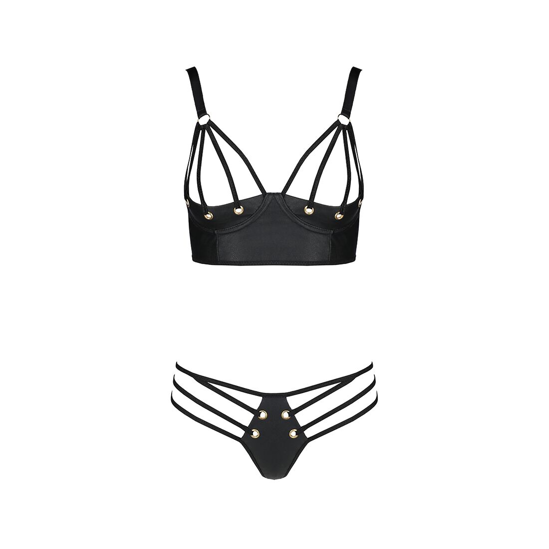 Комплект з екошкіри з люверсами та ремінцями Passion MALWIA BIKINI S/M, black, бра та трусики