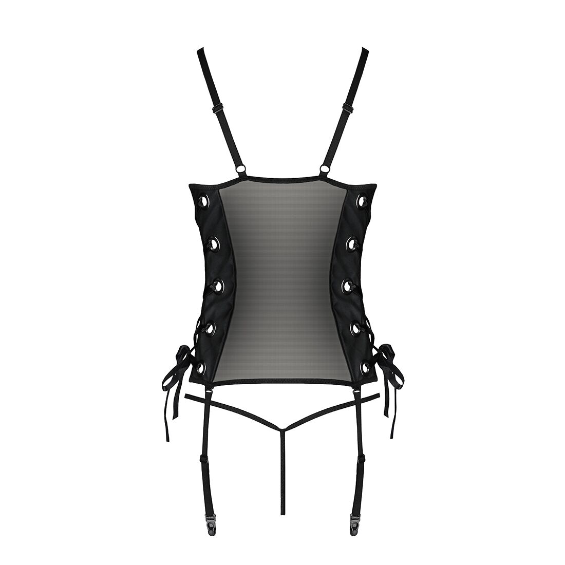 Сітчастий корсет з люверсами та знімними пажами Passion MALWIA CORSET S/M, black, екошкіра, стрінги