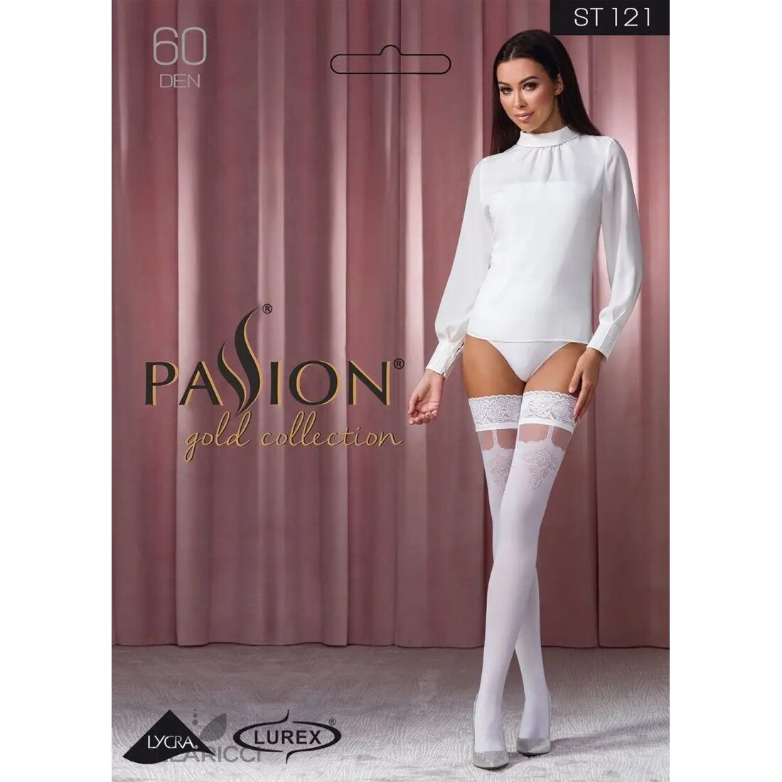 Чулки Passion ST121 3/4 white, на ажурной силиконовой резинке, с цветочным орнаментом и вертикальным