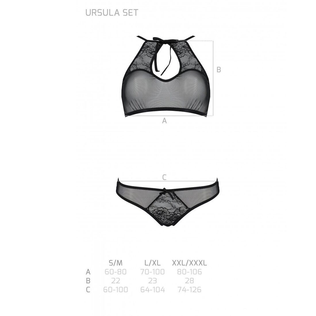 Комплект: бра, трусики з ажурним декором та відкритим кроком Passion URSULA SET L/XL, black