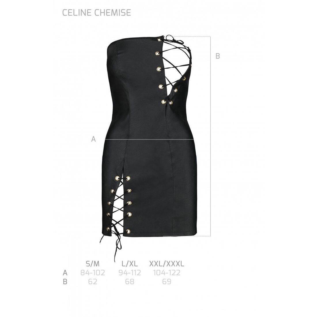 Мини-платье из экокожи Passion CELINE CHEMISE L/XL, black, шнуровка, трусики в комплекте