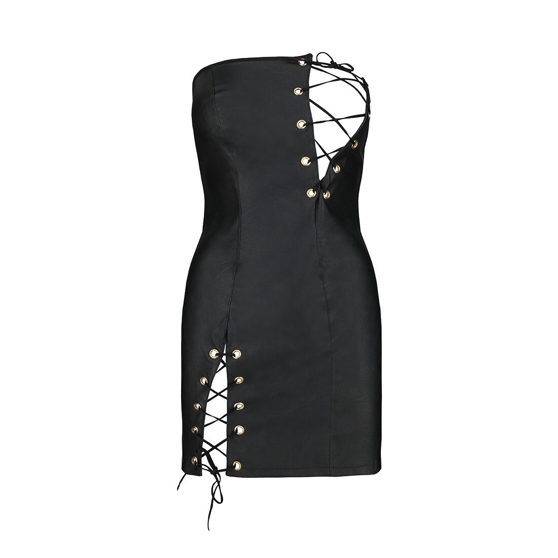 Мини-платье из экокожи Passion CELINE CHEMISE L/XL, black, шнуровка, трусики в комплекте