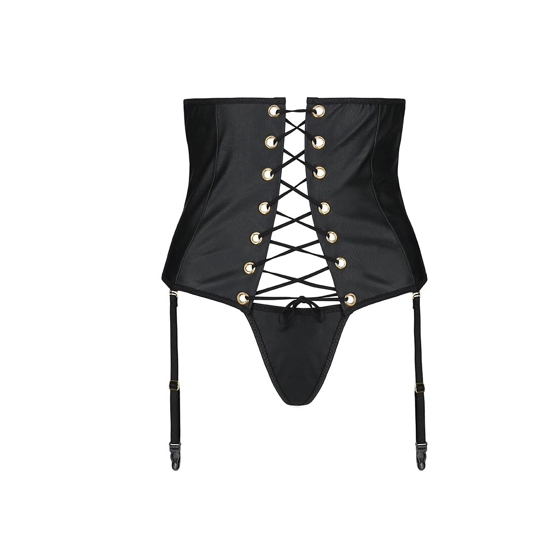 Пояс-корсет из экокожи Passion CELINE SET L/XL, black, шнуровка, съемные пажи для чулок, стринги