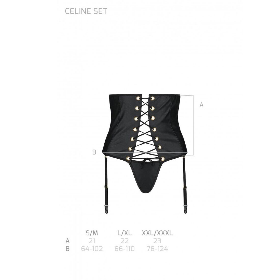 Пояс-корсет из экокожи Passion CELINE SET L/XL, black, шнуровка, съемные пажи для чулок, стринги