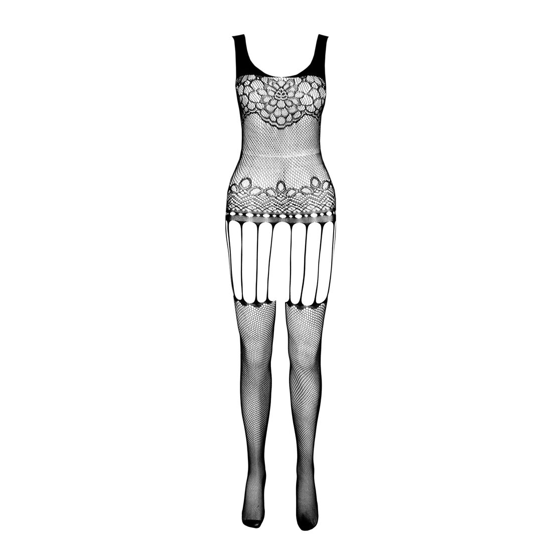 Бодистокинг Passion ECO BS001 One Size black, с доступом, имитация подвязок, флористический декор