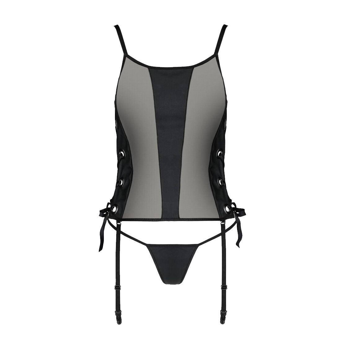 Сітчастий корсет з екошкіри Passion MALWIA CORSET 4XL/5XL black, з люверсами та знімними пажами