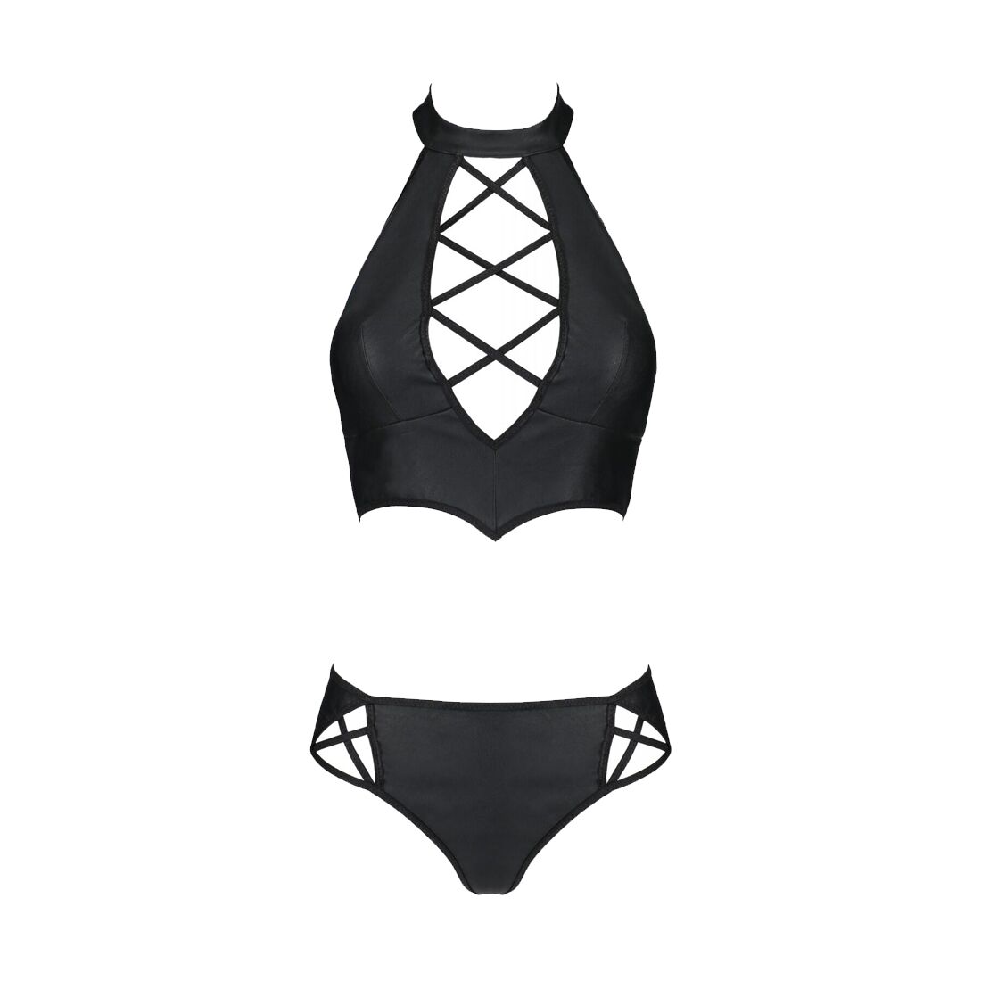 Комплект з екошкіри Passion NANCY BIKINI 4XL/5XL black, бра та трусики з імітацією шнурівки