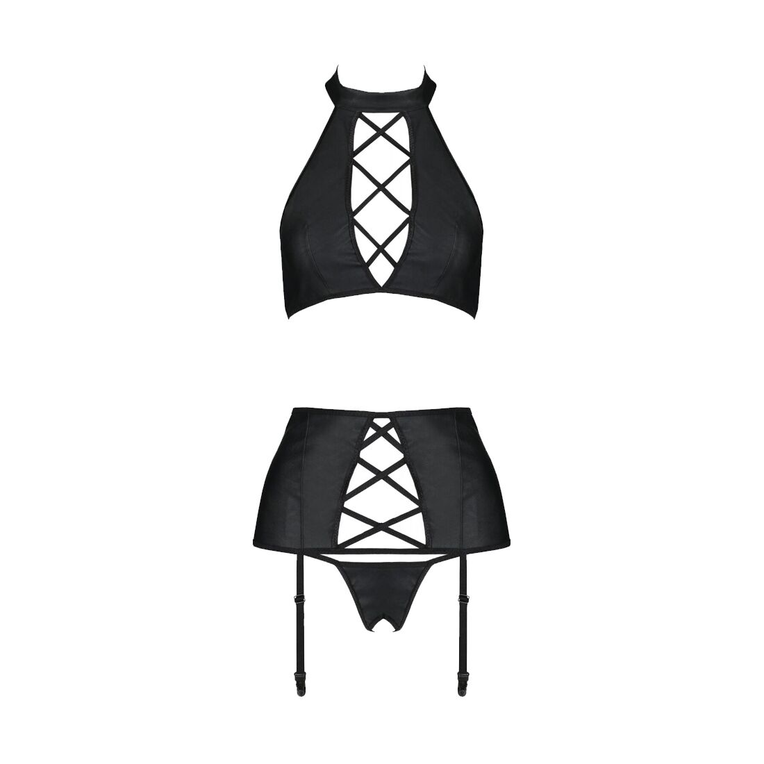 Комплект із екошкіри Passion NANCY SET 6XL/7XL black, імітація шнурівки, топ, пояс для панчіх