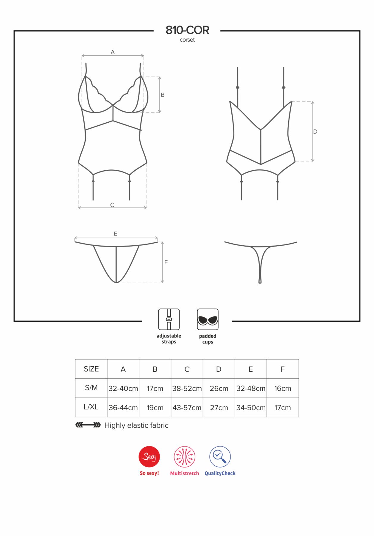 Сатиновий мереживний корсет Obsessive 810-COR-2 babydoll & thong L/XL, білий, корсет, танга