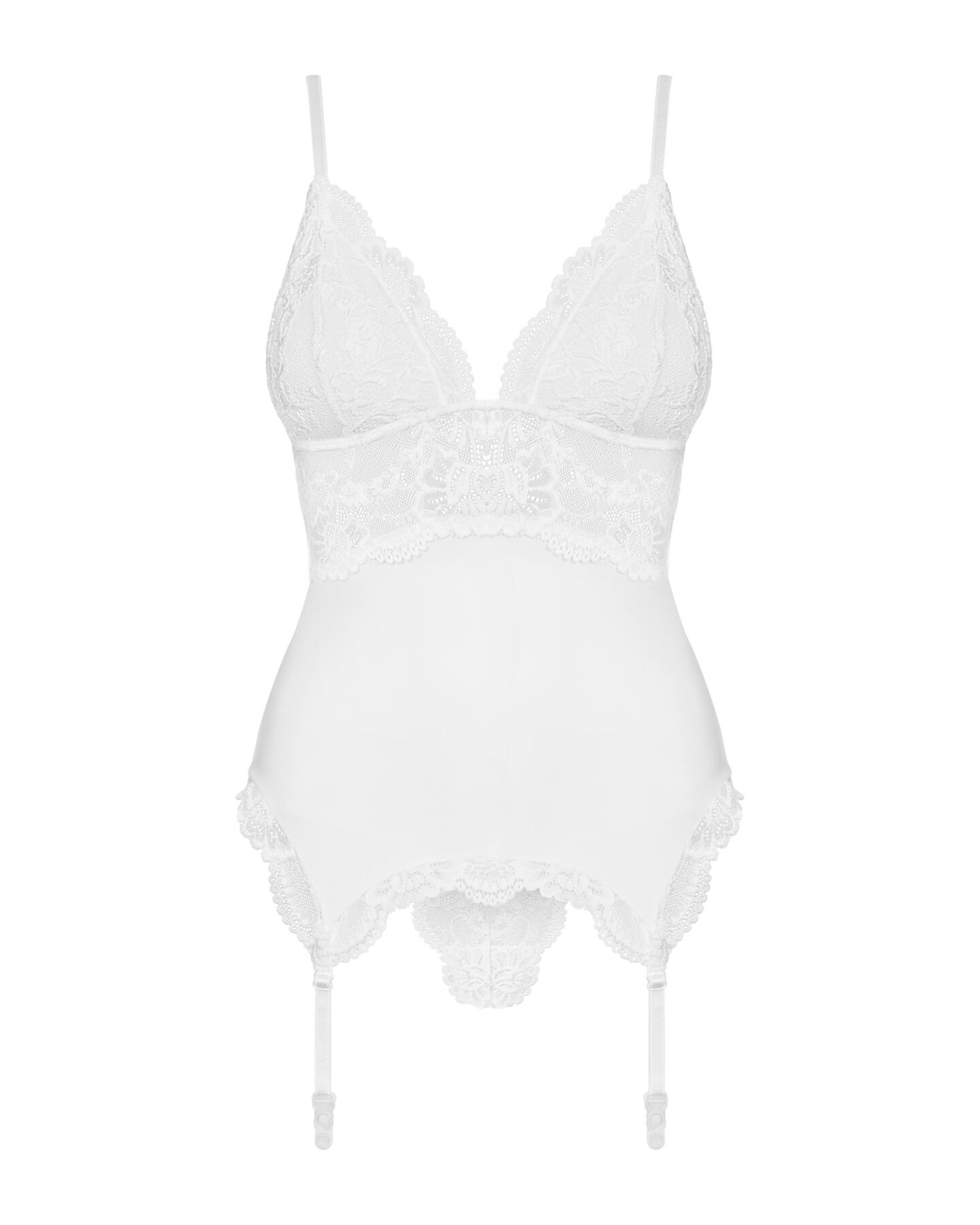 Сатиновий мереживний корсет Obsessive 810-COR-2 babydoll & thong L/XL, білий, корсет, танга