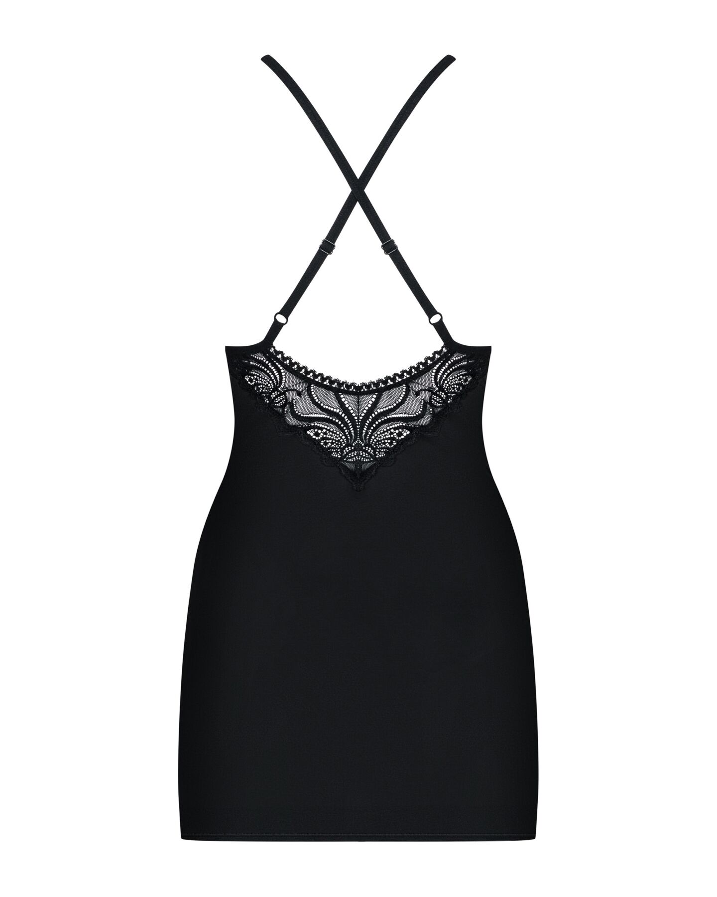Сатиновый комплект для сна с кружевом Obsessive 828-CHE-1 chemise & thong L/XL, черный, сорочка