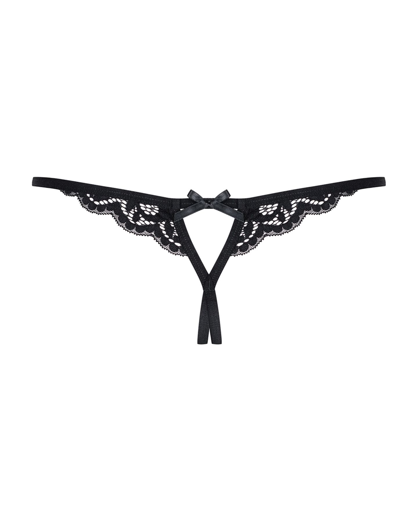 Мереживні танги з двома отворами Obsessive 831-THC-1 crotchless thongL/XL, чорні, бантики