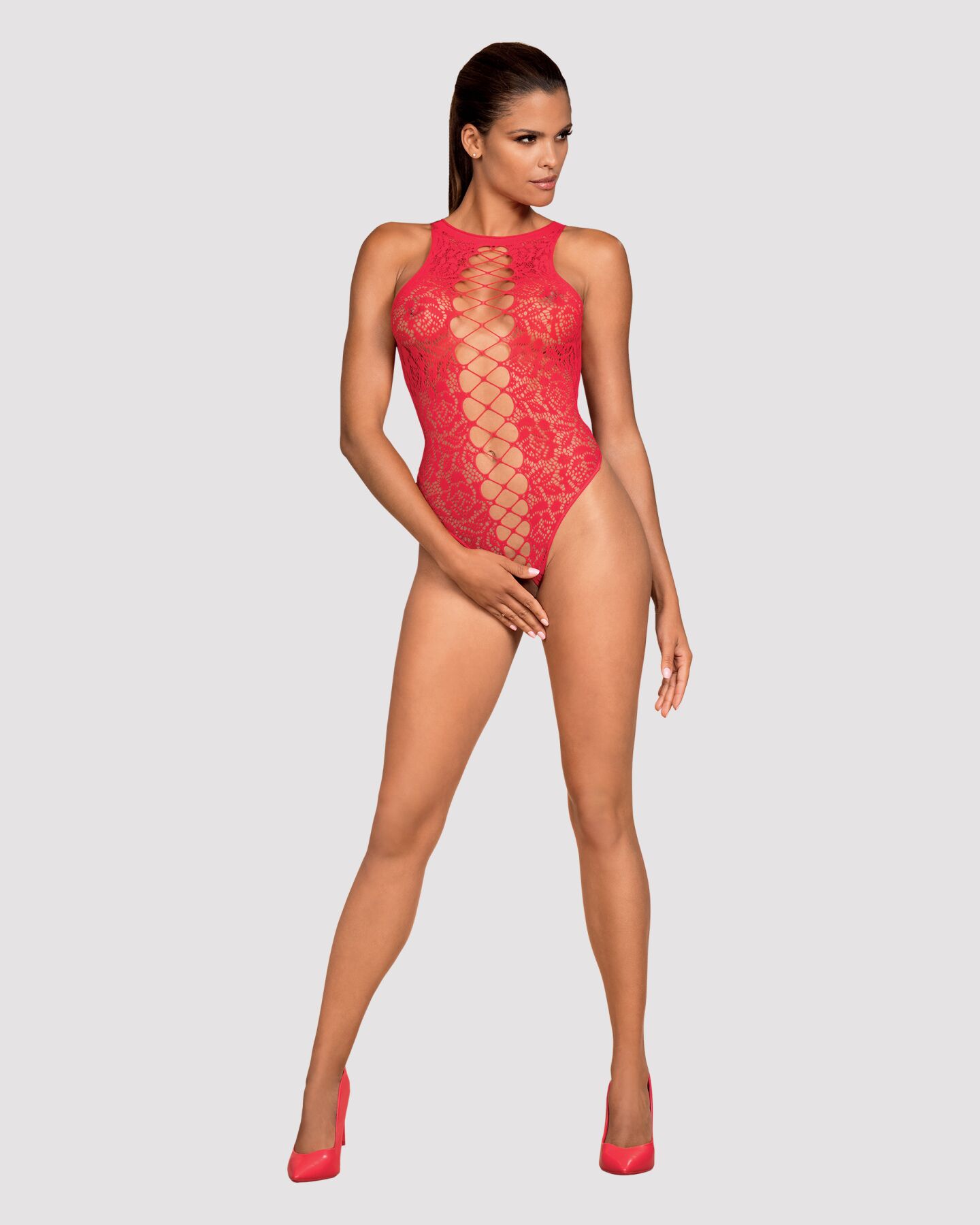 Ажурный бодистокинг с эффектом шнуровки Obsessive B120 teddy red S/M/L, красный