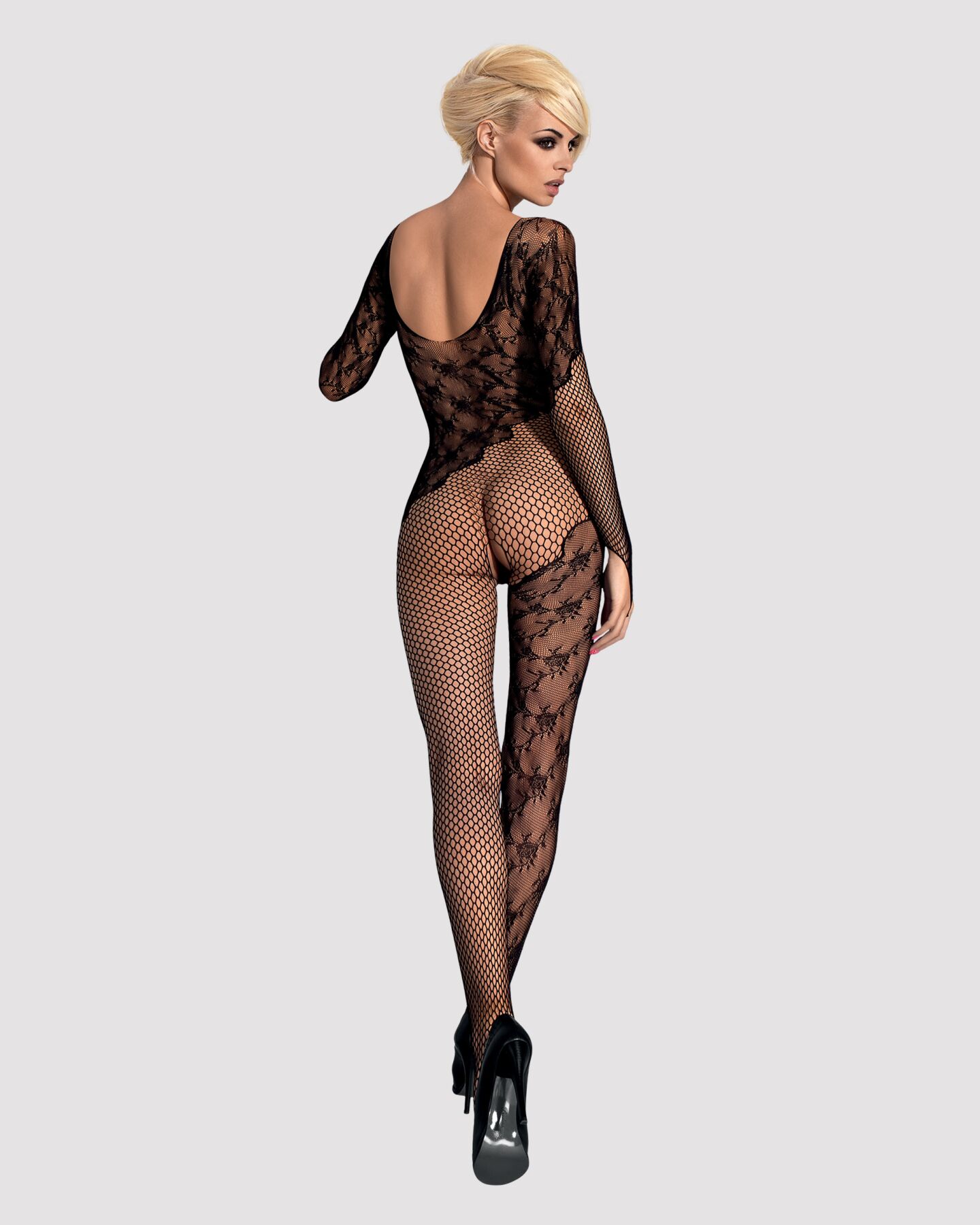Бодистокинг Obsessive Bodystocking F210 S/M/L black, рукава-митенки, сетка, цветное кружево