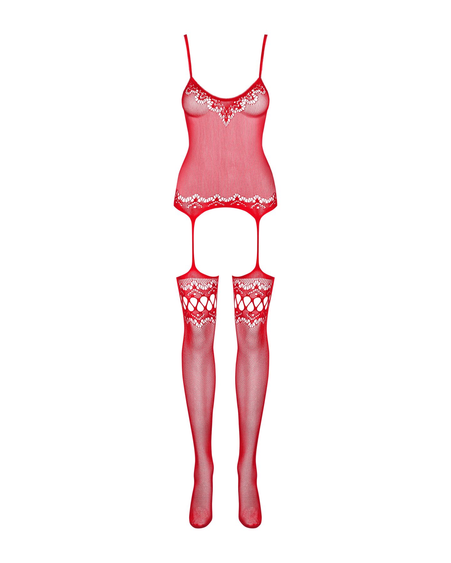 Бодистокинг Obsessive Bodystocking F214 red S/M/L, имитация корсета и чулок на подвязках