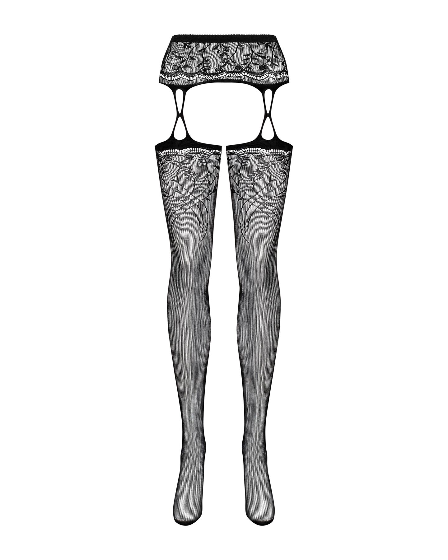Панчохи-стокінги з рослинним малюнком Obsessive Garter stockings S206 black S/M/L чорні, імітація га