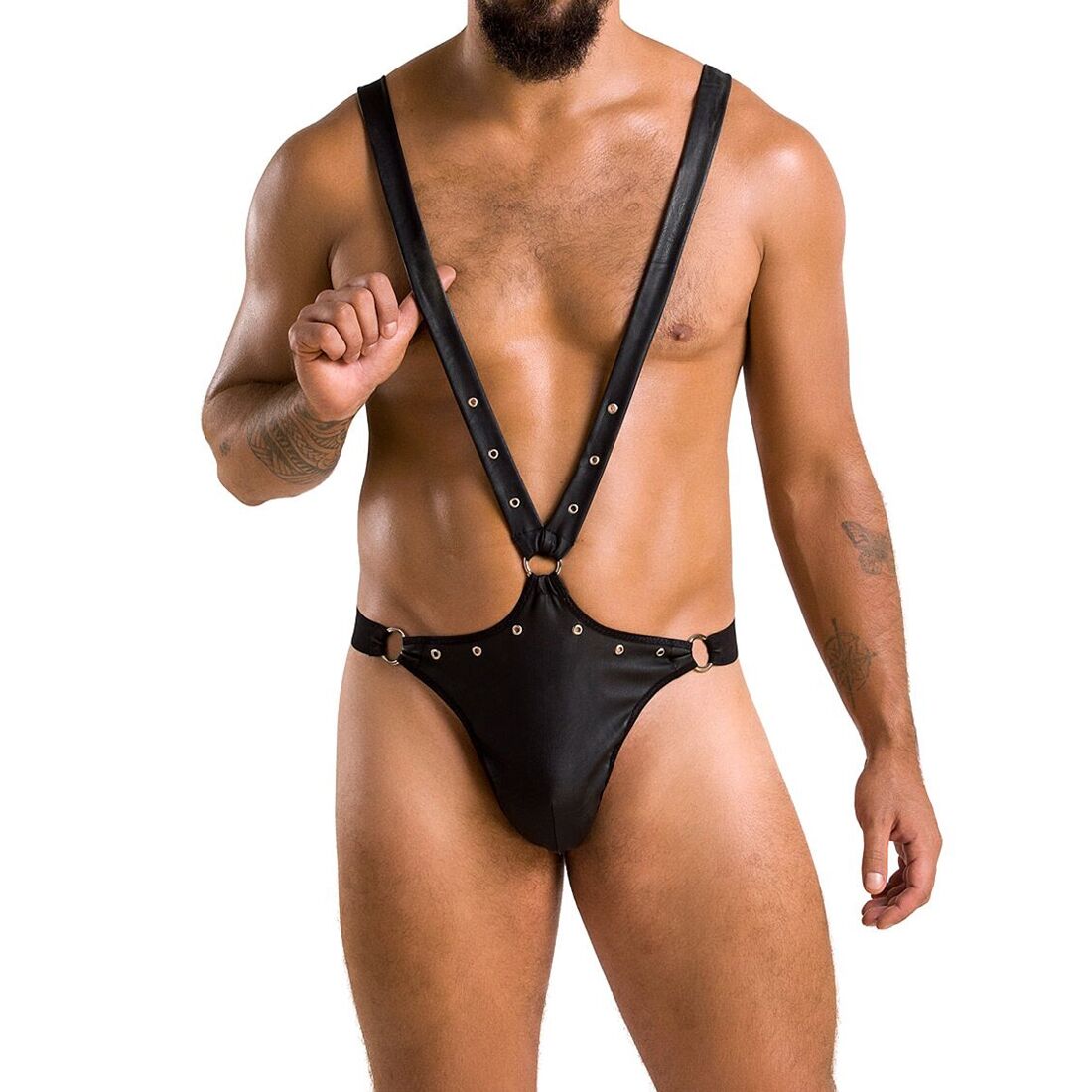 Мужское боди с люверсами Passion 028 HARRY S/M Black, экокожа, на лямках