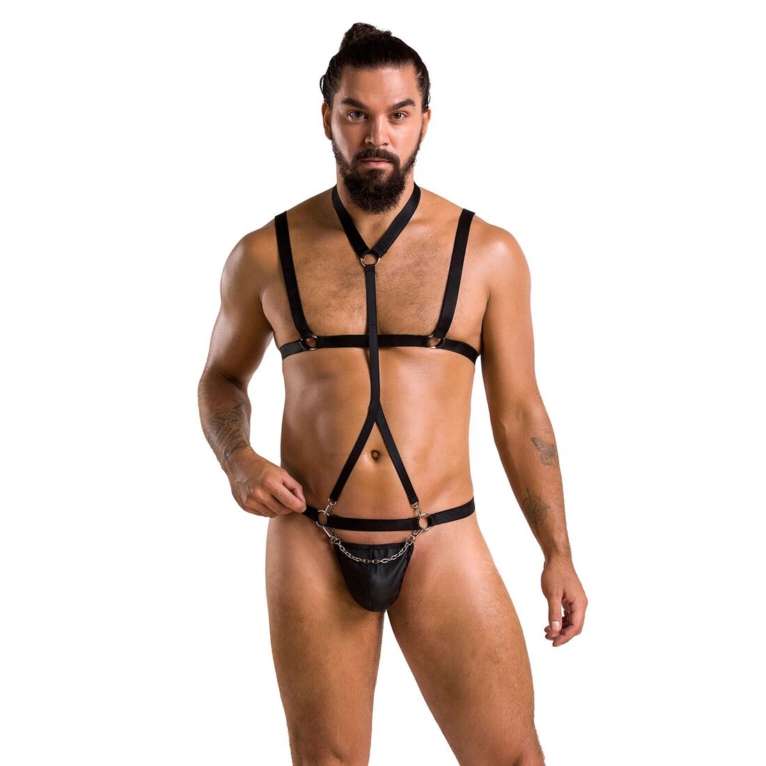 Комплект чоловічої білизни зі стреп Passion 039 SET ANDREW L/XL Black, стринги, шлейки