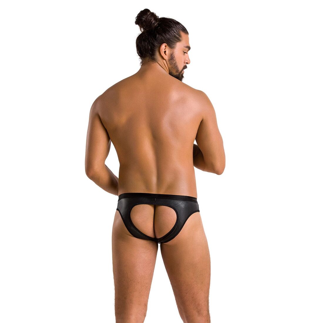 Мужские слипы с вырезами Passion 041 SLIP JOE S/M Black, экокожа, открытые ягодицы