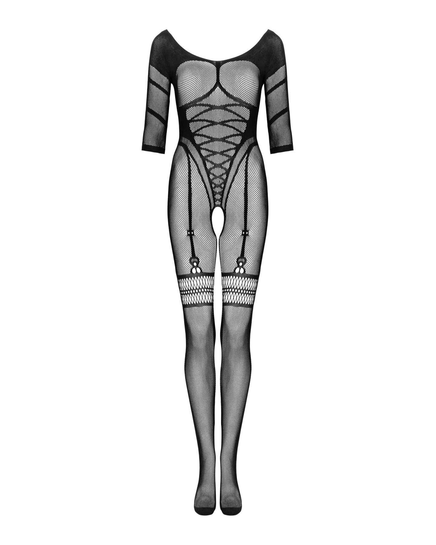 Сетчатый бодистокинг с имитацией подвязок Obsessive Bodystocking G329 S/M/L, black, с доступом