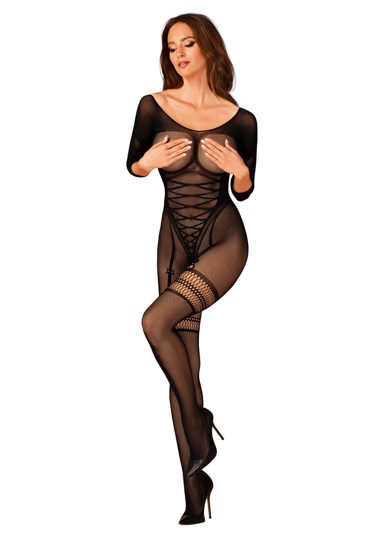Сетчатый бодистокинг с имитацией подвязок Obsessive Bodystocking G329 S/M/L, black, с доступом