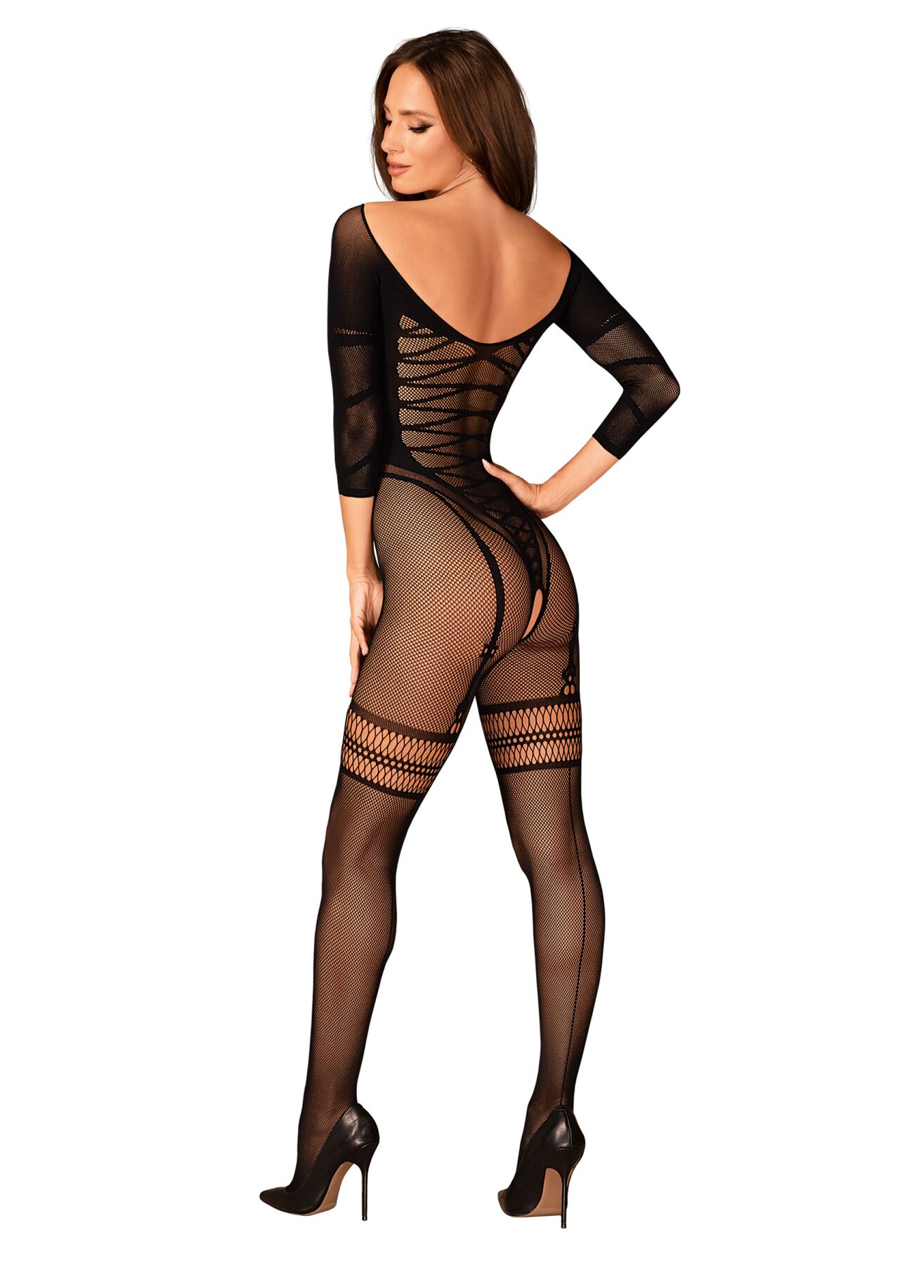 Сетчатый бодистокинг с имитацией подвязок Obsessive Bodystocking G329 XL/XXL, black, с доступом
