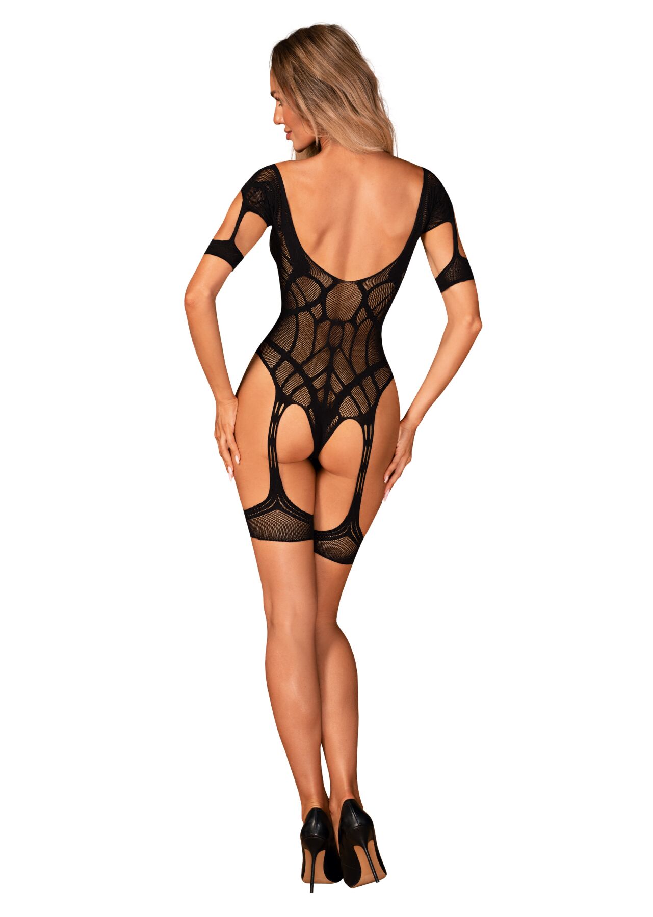 Нейлоновий бодістокінг з імітацією гартер Obsessive Bodystocking G334 S/M/L, black, з доступом