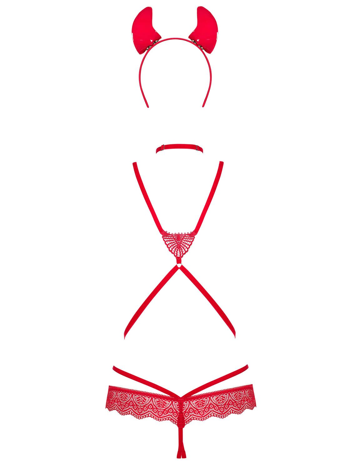 Эротический костюм чертика из стреп Obsessive Evilia teddy red S/M, боди, чокер, накладки на соски, обруч с рожками