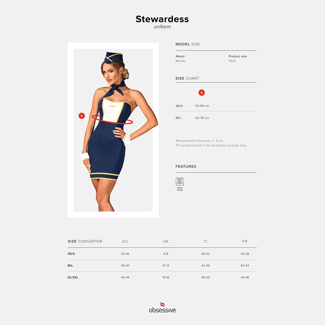 Эротический костюм стюардессы Obsessive Stewardess uniform M/L, blue, платье, пилотка, шарф, манжеты