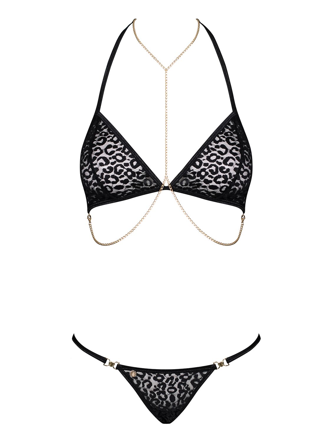 Комплект із ланцюжками Obsessive Pantheria 2-pcs set black L/XL, бюстгальтер, трусики