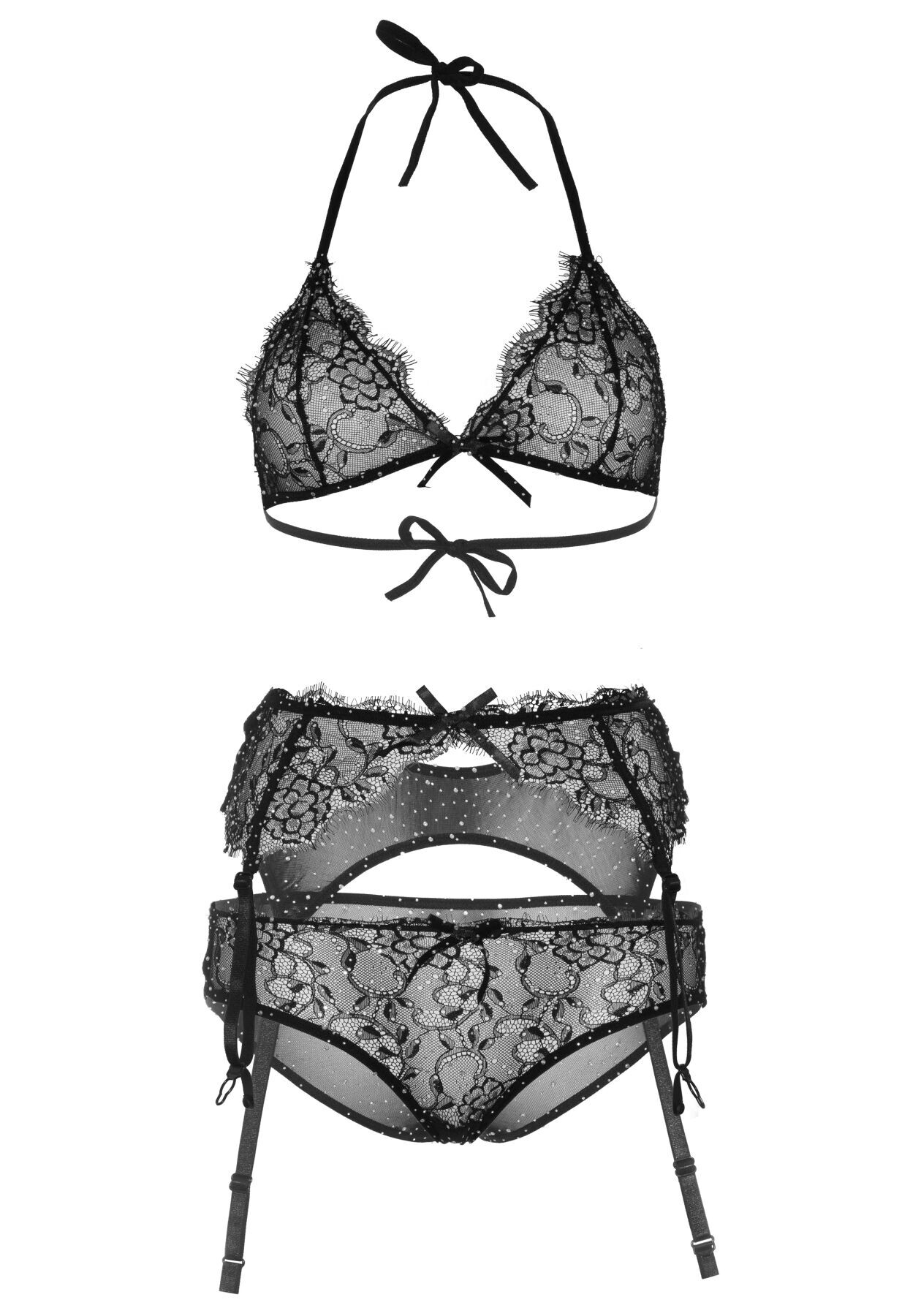 Мереживний комплект зі стразами Leg Avenue Bright Lights Rhinestone S (трусики, бра, пояс для панчіх